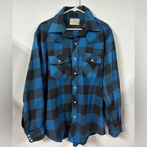 VTG Mr Leggs Western Shirt Mens XL Blue Black Plaid Flannel USA Made Pearl Snap